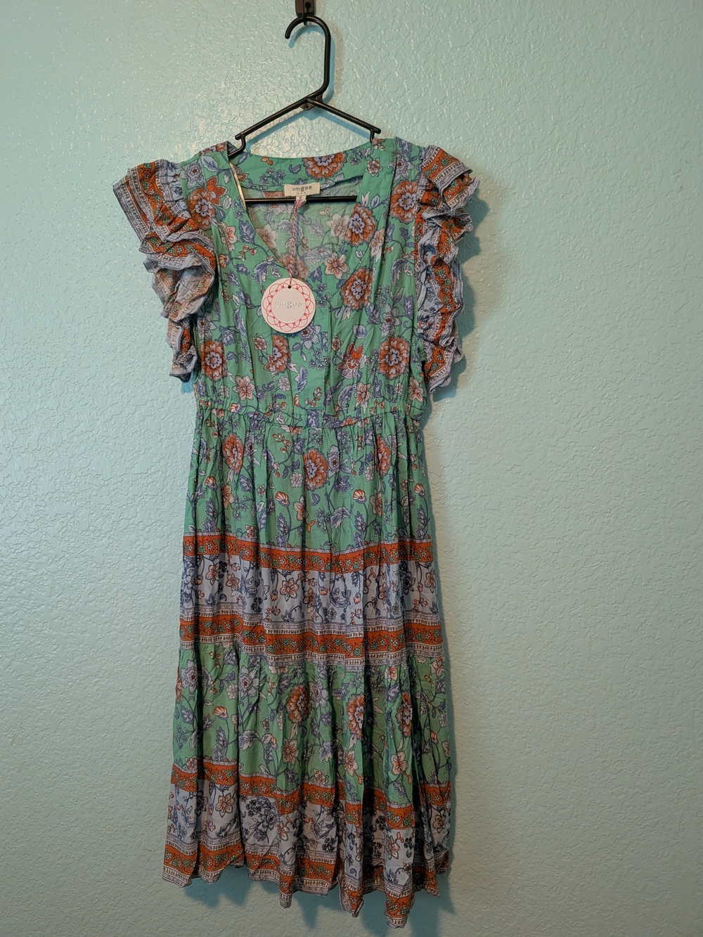 Umgee Mint Green Floral Ruffle Midi Dress with Orange Accents